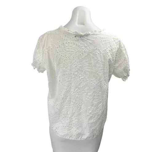Flora Ashley White Eyelet Embroidered Ruffle Short Sleeve Button Up Blouse Top S