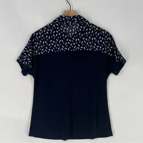 Ivy Ridge Navy Blue Patterned Mesh Neckline Stretch Jersey Knit Dolman Polo Top