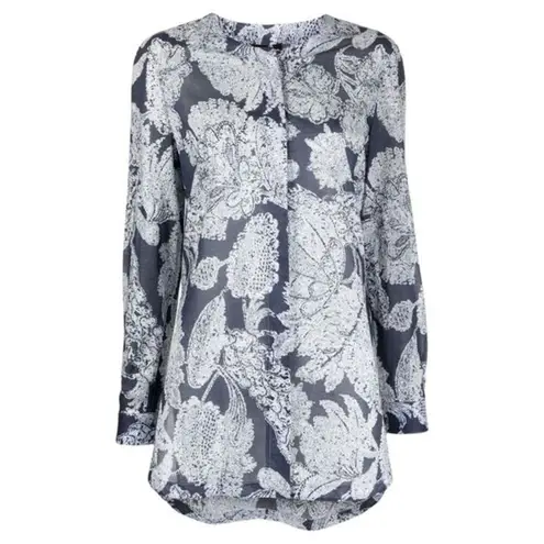 Giorgio Armani Blue Floral Print Tunic Blouse Size 44 XL Long Sleeve Cotton