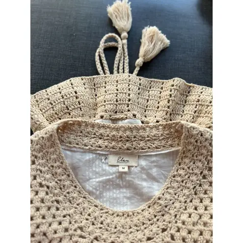 Elan Crochet Knit V-Neck Top Puff Sleeves Tassel Tie M 100% Cotton Beige Boho