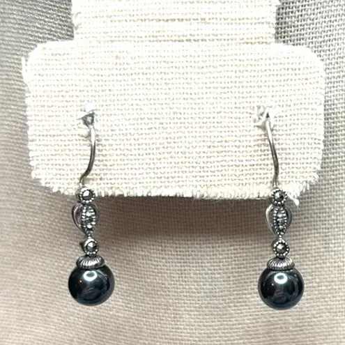Artisan Metallic Hematite Drop Earrings with Sparkling Marcasite Accents
