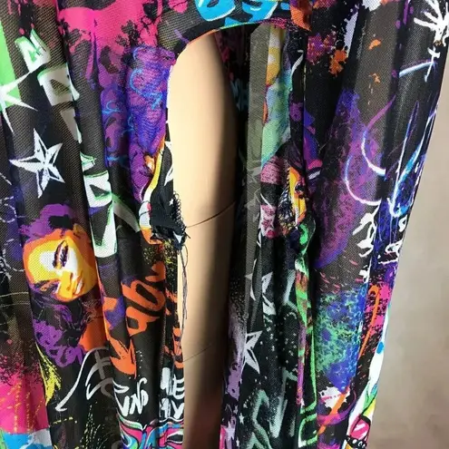 ROUGE NYC Graffiti Printed QUEEN Savage High Slit Mesh Dress 4X Black