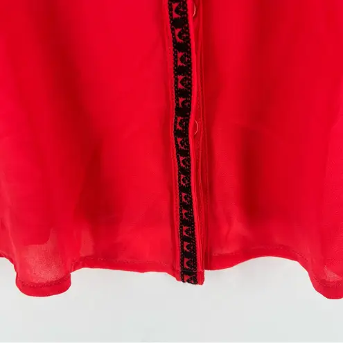 ELXSI Coral Chiffon Embroidered Button Front Top Split Neck Mandarin Collar Pink Size XL