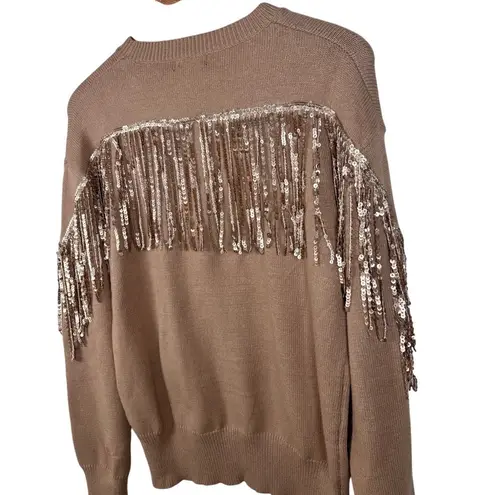 Fate Women's Size Small Tan Sequin Fringe Crewneck Long Sleeve Sweater