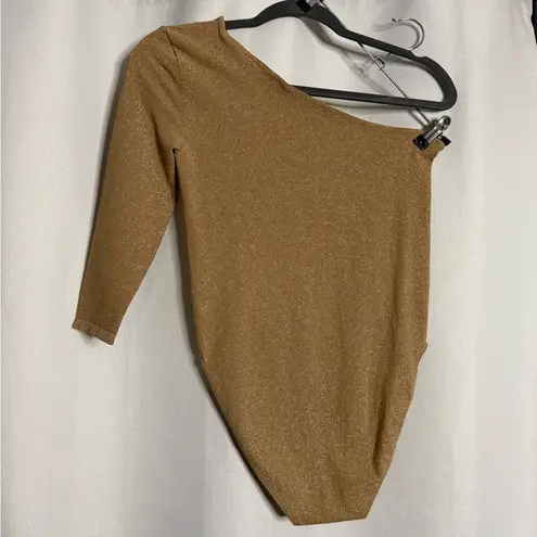 Wolford Gold Metallic One Shoulder 3/4 Length Sleeve Bodysuit Medium
