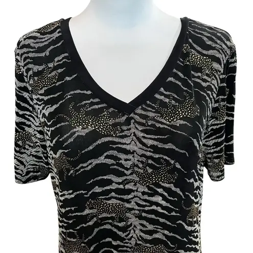 Vintage Midi Dress Size Large Stretch Metallic Leopard Cheetah Zebra Print Black