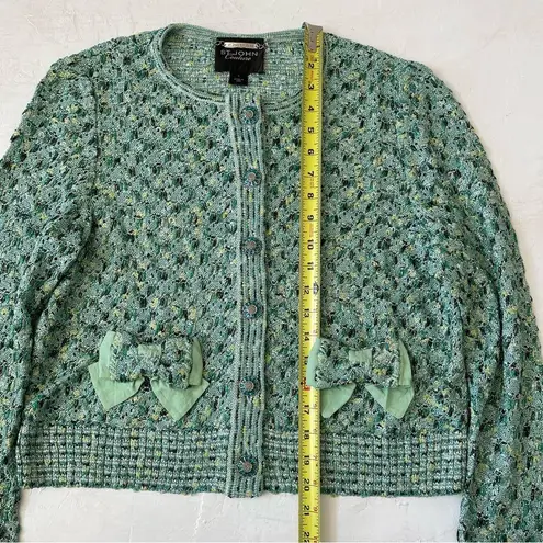 St. John Couture Green Teal Tweed Knit Jacket Blouse with Bows Size L