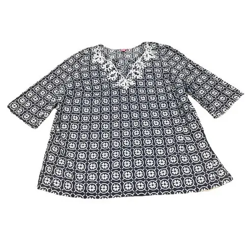 Woman Within Tunic Top Women’s 1X 22/24 Black White Embroidered Boho Cottagecore