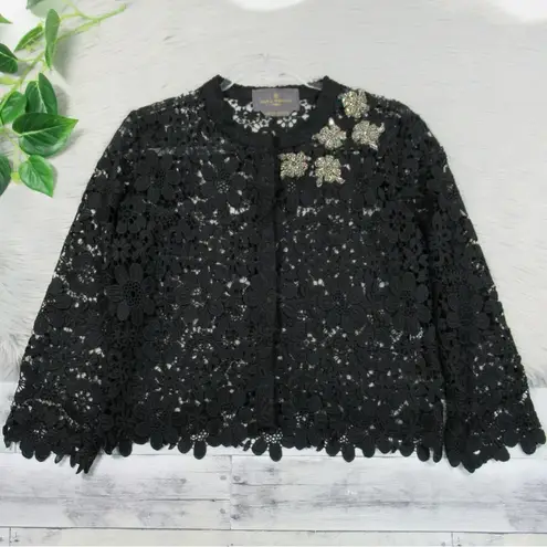 LILLY e VIOLETTA Black Floral Lace Rhinestone Embellished Jacket 38 Size Small