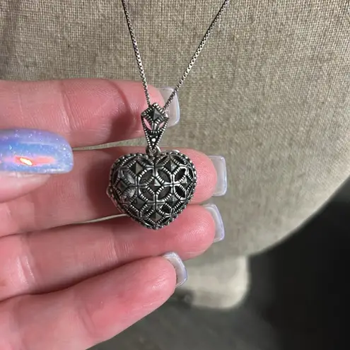 Sterling Silver Marcasite Heart Locket Pendant Necklace 925 A China SU Chain