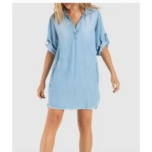 Bella Dahl Dress Womens Small Blue Chambray Denim Long Sleeve Frayed Hem Mini