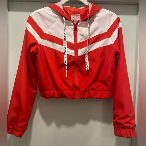 Cali 1850 Red Tokyo Drawstring Zip-Up Lightweight Crop Windbreaker Track Jacket