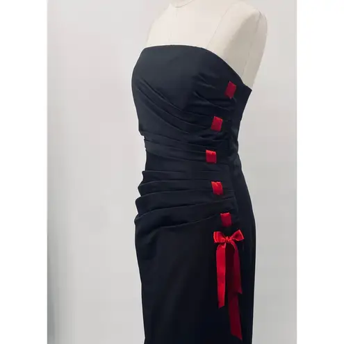 Vintage 90s Y2k Satin Gown Strapless Ribbon Lace Up Side Ruched Black Red 0