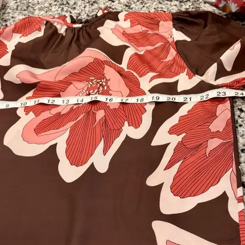 Floral Blouse Size XL Brown Pink Ruffle Neck Long Sleeve Tie Front Lightweight - Image 8