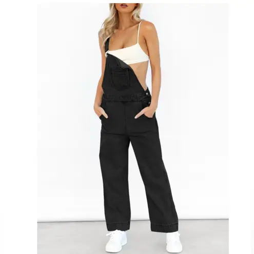 NWT Cicy Bell Black Bib Denim Overalls Loose Fit Wide Leg Jumpsuit, Large Size undefined