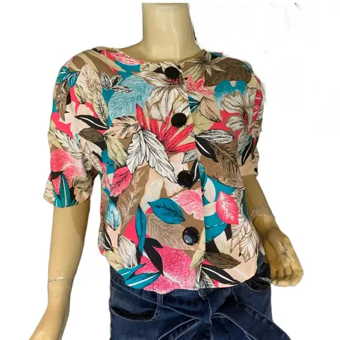 VINTAGE 1980'S JESSICA SCOTT TAUPE, SALMON & TURQUOISE FLORAL PRINT COTTON TOP S Pink