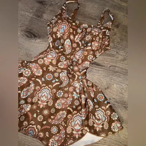 Brown and blue paisley print summer swimsuit MINI DRESS