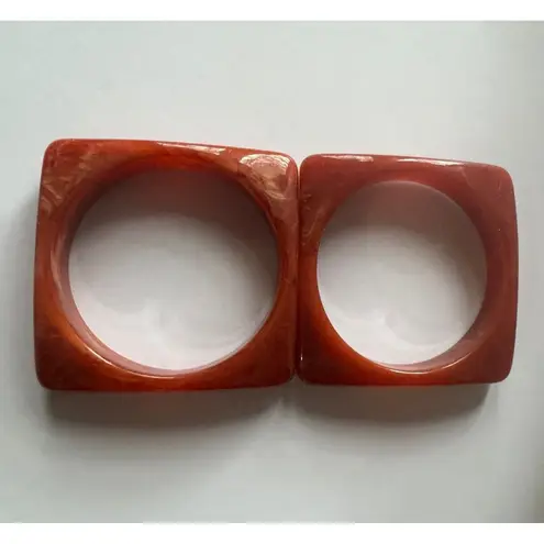 VTG Thick Resin Acrylic Bangle Bracelet Set of 2 Orange Chunky Geometric Design