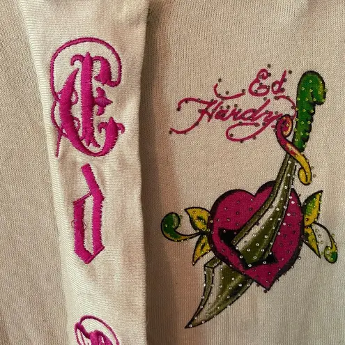 Ed Hardy Women's Large Cream Zip-Up Sweater Floral Rhinestone Christian Audigier
