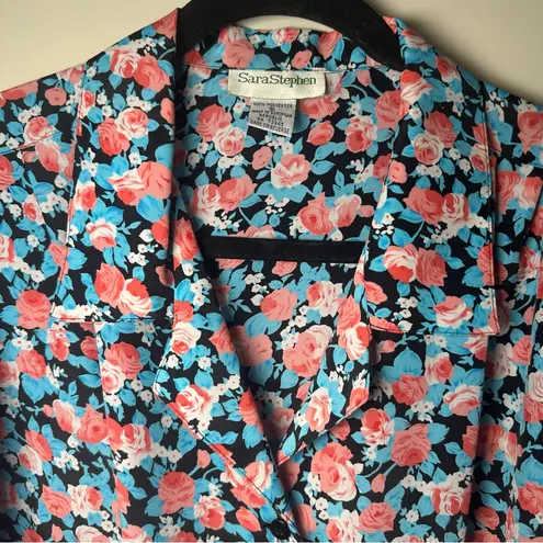 Vintage Sara Stephen Floral Blouse Women’s Small Button Front Retro Rose Print Blue - Image 2