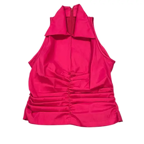 Tadashi Shoji TADASHI CROPPED HOT PINK SATIN PINTUCK RUCHED GATHERED STRETCHY BLOUSE TOP 6