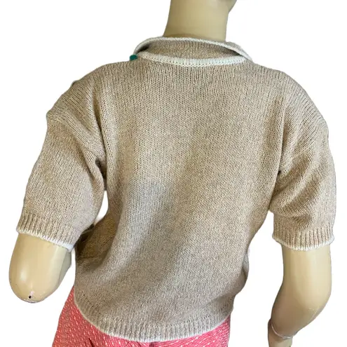 VINTAGE 1980'S ANDENE BEIGE & CREAM POLKADOT SILK BLEND SHORT SLEEVE SWEATER (M) Tan Size M