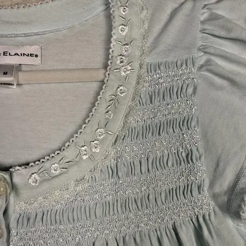 Miss Elaine Nightgown Womens Medium Embroidered Smocked Yoke Lace Trim Sleepwear Blue