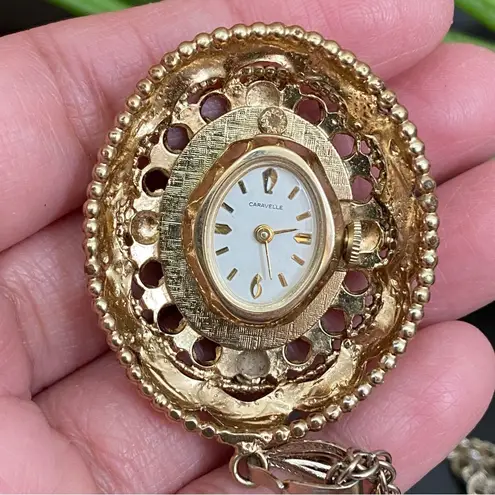 Caravelle Vintage Caravellle Pendant Watch Double Sided Ornate Cabochon 24” Necklace WORKS