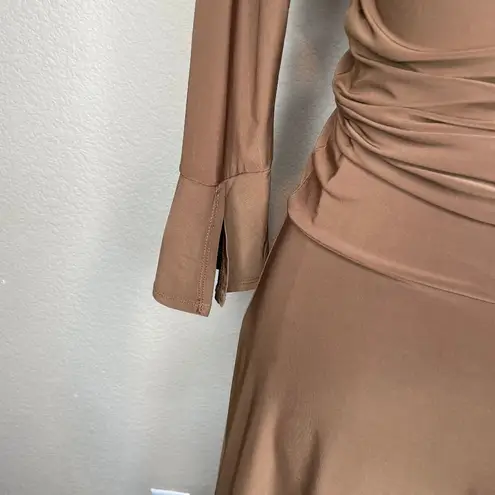 Modbe Chocolate Brown Surplice Wrap Dress Bell Sleeve Ruched Waist Stretchy Midi