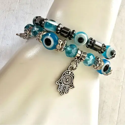 Bundle of two blue evil eye hamsa bracelets