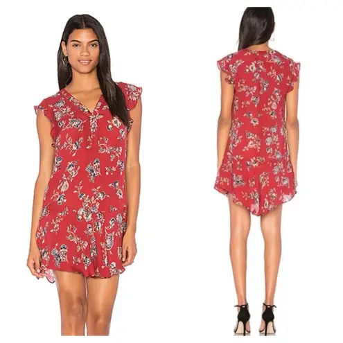 Joie  Almarie B Red Floral 100% Silk Mini Dress Medium Georgette Drop Waist