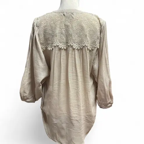 Cream Ruffled 3/4 Sleeve Bib Collar Blouse Tan