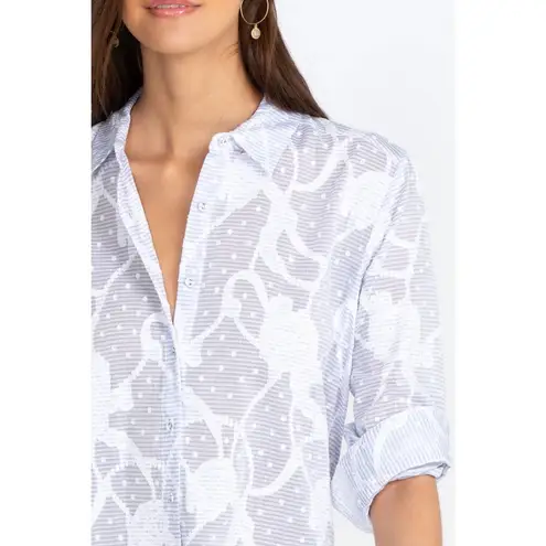 Johnny Was Workshop Flore Seersucker Button Down Shirt Sz S Embroidered Striped