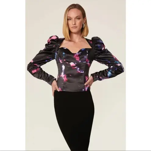 Badgley Mischka Printed Bustier Top in Black 10 Womens Satin Blouse