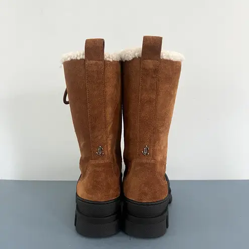 Jimmy Choo Aldea Lace-Up Shearling Lined Suede Camel Brown Mid Calf Boots