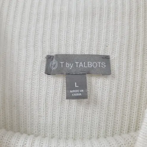 T by Talbots Womens Sweater Large Ivory Drawstring Cowlneck Waffle Knit Pullover White