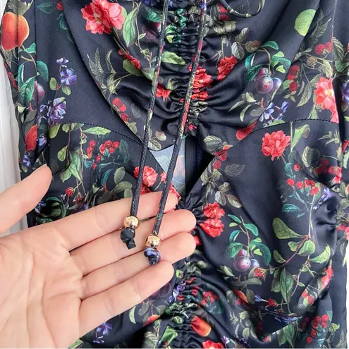 Finders Keepers • Nina Dress black floral satin ruched cut out slip cinched midi