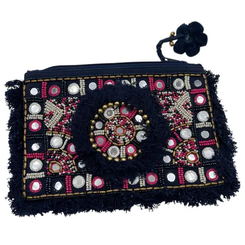 Shiraleah Chicago Beaded Fringe Boho Clutch Bag Navy Pink Tribal Embellished Blue