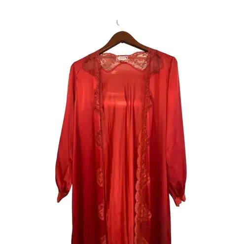Vintage Brick Red Maxi lingerie lace long sleeve robe duster nightgown kimono Size L