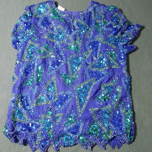 Vintage Styleworks Sequined Silk & Polyester Top Short Sleeve Blue & Green Women Size L