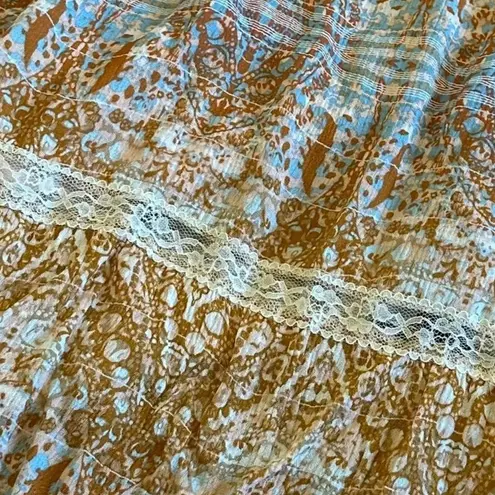 Sundance Bohemian Print Maxi Dress Tank Top Lace Trim Sheath Size 10 Women's Brown