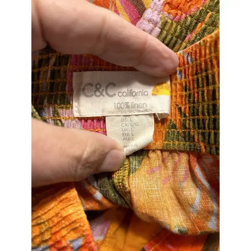 C&C California Women Linen Pants Wide Leg Orange Tropical Multi Color Size Large