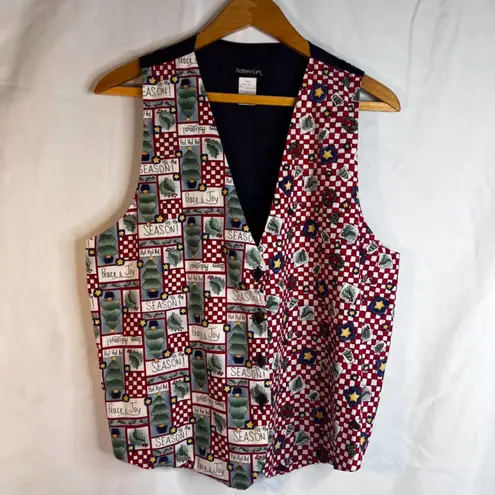 Robyn Lyn VTG Christmas VEST Mixed Print Happy Holidays Novelty Size L/XL Cotton Blue Size L