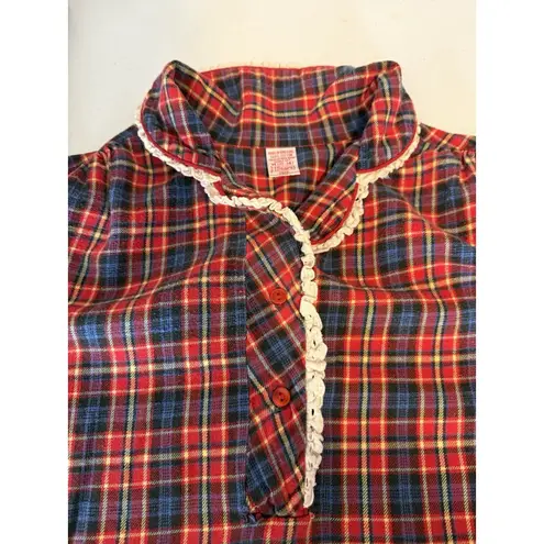 VTG Sears Red Ruffle Plaid Nightgown Sleep Shirt Button Up Collar M Hong Kong Size M