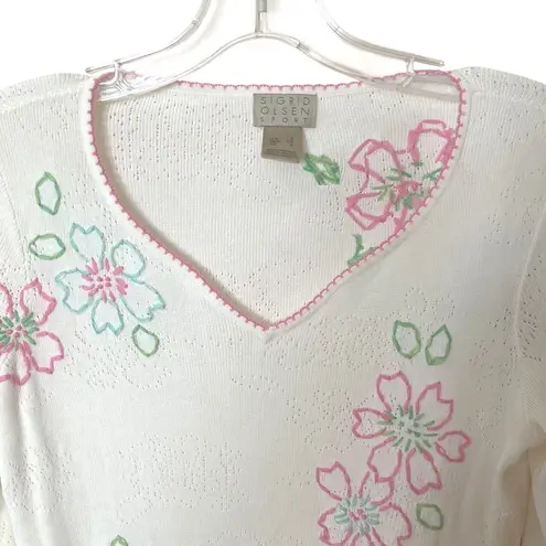 Sigrid Olsen Sport Embroidered Floral Lightweight Sweater White Preppy Small EUC