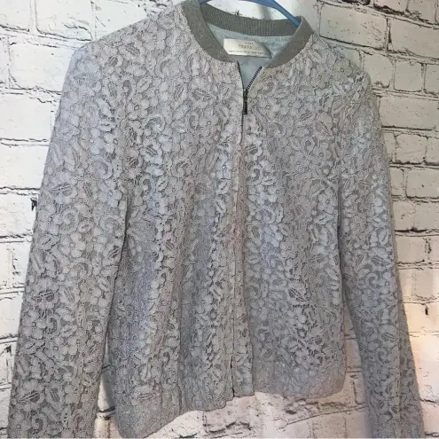 ZARA  Women’s Light Blue Lace Cropped‎ Zip Up Jacket Size Medium