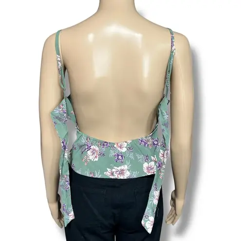 Blush BJ Womens Crop Top Floral Print Pleated Underwire Cutout Back Green Small