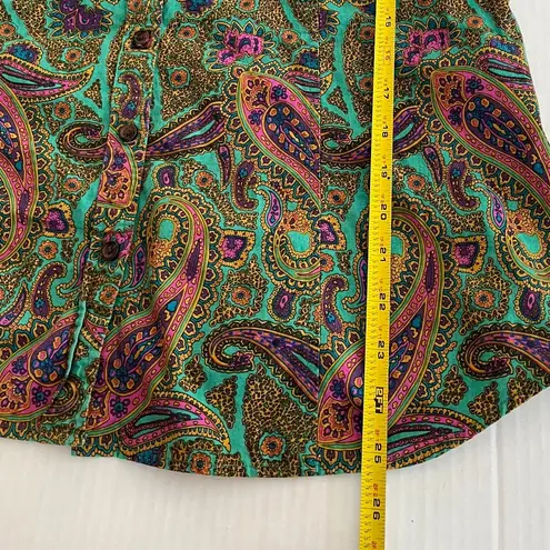 Van Heusen Sz L Button Front Blouse Top Funky Green Paisley Pockets Shirt