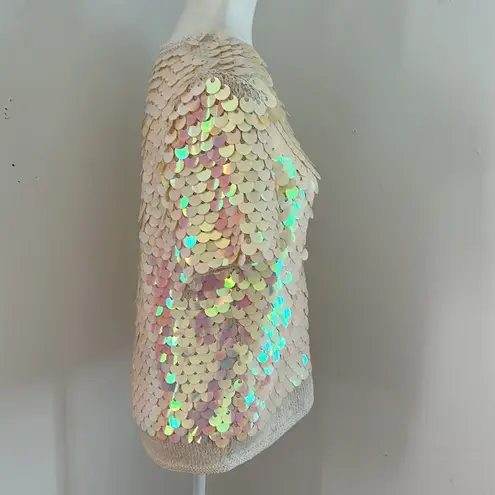 Sequin Embellished Cream Short Sleeved Top sz M/L Green