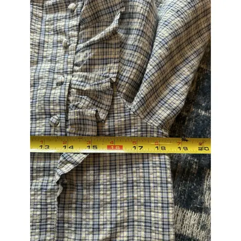 Lumiere Prairie Blouse Long Sleeve Ruffled Shoulder Buttons Plaid Size Small EUC Blue
